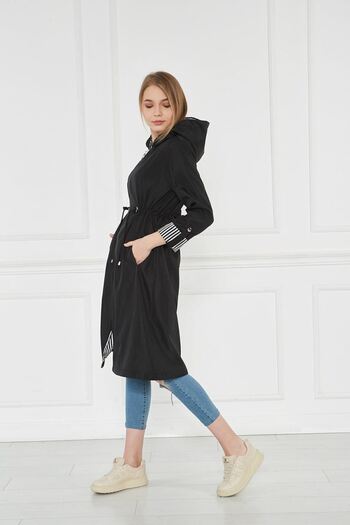 comstar Women's Drawstring Water Repellent Black Hooded Loose Trench Coat