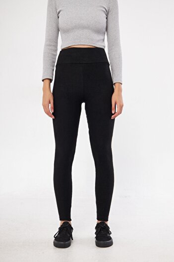 Oyga Women's Black High Waist Ribbed Slim Waist Recovery Elastic Interlock Winter Leggings