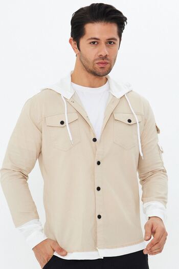 Oyga Men's Slim Fit Tight Fit Combed Cotton Hooded Double Pocket Cotton Denim Shirt