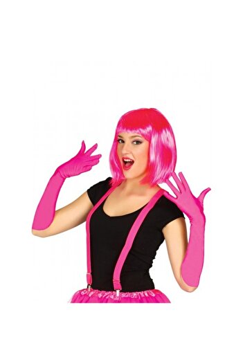 Skygo Fuchsia Color Satin Long Gloves and Blunt Party Wig