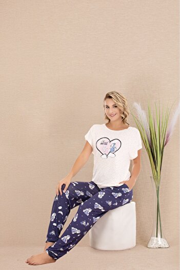 Lady Lingerie Short Sleeve Crew Neck Print 93% Cotton 7% Lycra Women's Pajamas Set