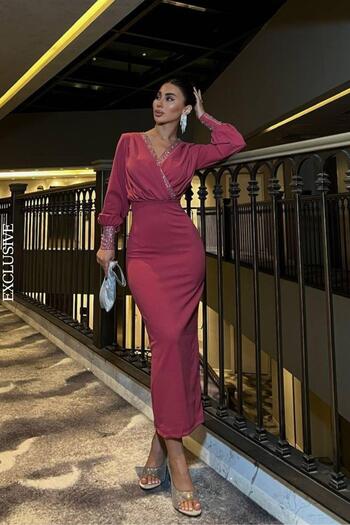 Mossta Double Breasted Neckline Sleeve and Chest Detail Evening Dress Rose