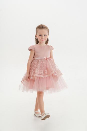 Eray Kids Girl's Evening Dress, Sectioned Tail, Matte Satin Bow Detail, 3-6 Years Old