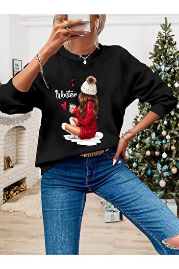 Melek Moda    Women's Christmas Custom Long Sleeve Crew Neck Print Viscose Two Thread Blouse