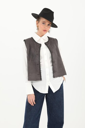 Puane Women's Button Detailed Suede Vest - 10600Ylk - Gray