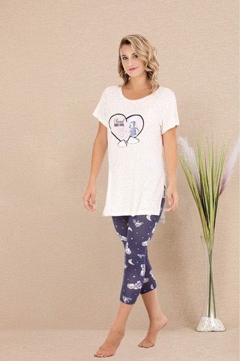 Lady Lingerie Women's Sleepwear Set with Short Sleeve Open Collar Capri Tights