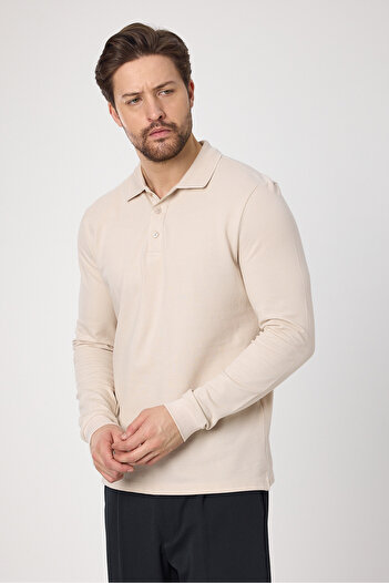 Frappoli Frank Erkek Ekru %100 Pamuk Pike Örme Esneyen Kumaş Slim Fit Dar Kesim Uzun Kol Polo Tişört