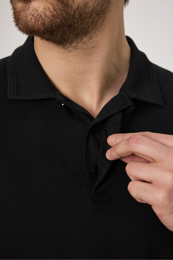 Frappoli Fonte Men's Black 100% Cotton Pique Knitted Stretchy Fabric Slim Fit Long Sleeve Polo T-Shirt