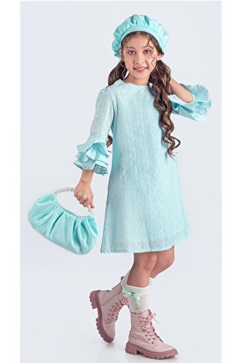 Mnk Baby&Kids Miss Clarice Kız Çocuk Fransız Bere, Çanta, Çorap Ve Elbise Takım M00704 MİNT YEŞİLİ