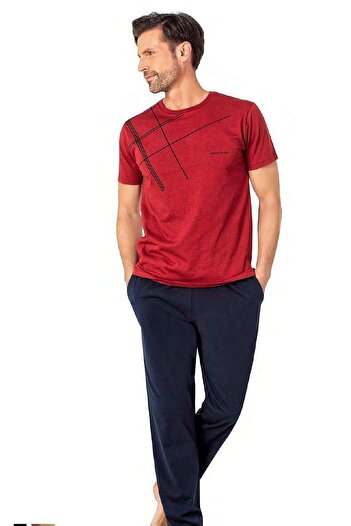 Pierre Cardin 6081 Men's Short Sleeve Crew Neck Pajamas Set-Burgundy