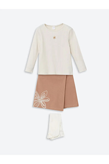 LC Waikiki Lcw Kids Beige Crew Neck Girls' Suit 3 Pieces