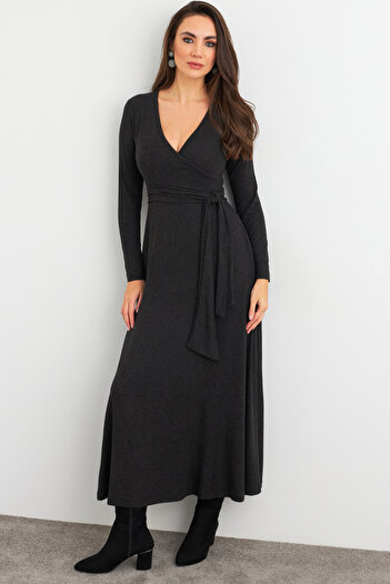 Cool & Sexy Women's Anthracite Double Breasted Tie-Up Midi Dress Ey3020