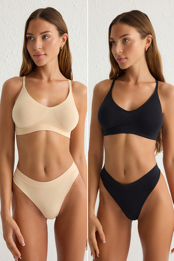 Trendyol Collection Set de 2 chiloți tanga negri și de culoarea pielii fără sudură - THMSS25KU00012