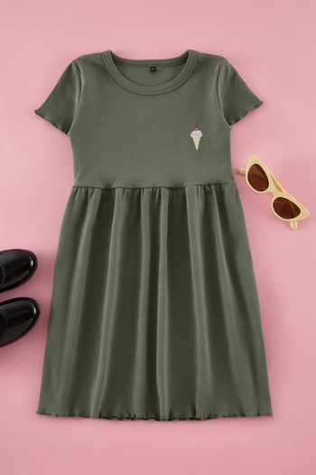 TRENDYOLKIDS Khaki Girls' Cotton Stretchy Mini Embroidery Knitted Dress Tkdss25El00008