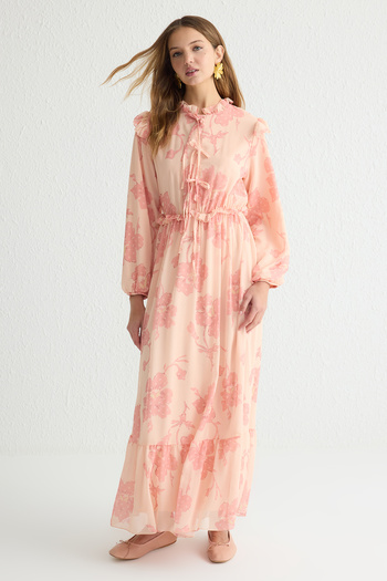 Trendyol Modest Φόρεμα από λουλουδάτο υφαντό σιφόν με επένδυση πούδρας TCTSS25EB00008