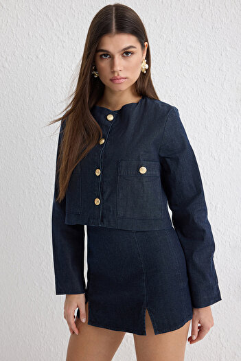 Trendyol Collection Navy Blue Button Detailed Crop Denim Jacket Twoss25Ce00011