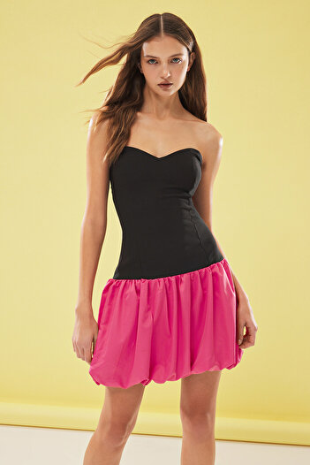 Trendyol Collection Black-Fuchsia Body-Fitting Balloon Skirt Detail Stylish Short Dress Tprss25El00096