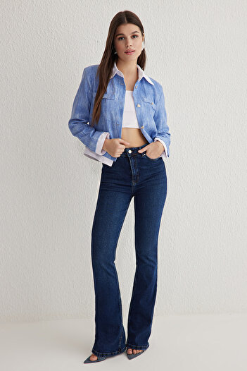 Trendyol Collection Jachetă cu guler cămașă albastră țesută din tweed cu buzunare - TWOSS25CE00034