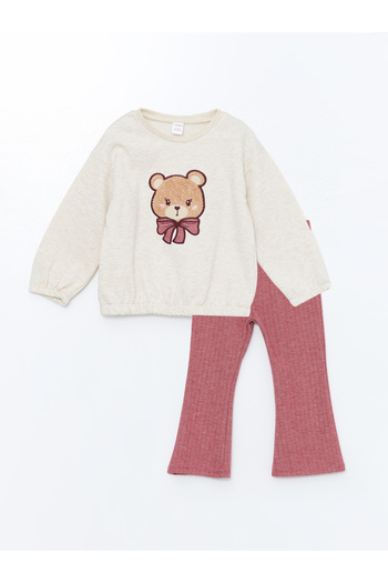LC Waikiki Zweiteiliges Set aus Sweatshirt und Leggings für Mädchen mit Rundhalsausschnitt und langen Ärmeln und Stickerei