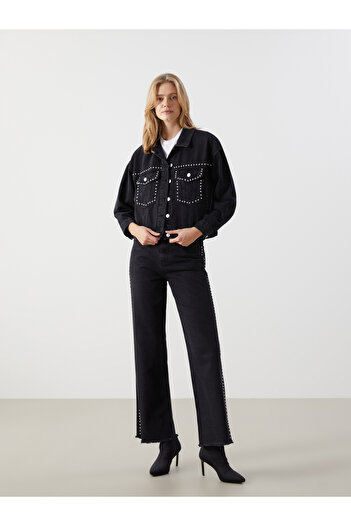LC Waikiki Shirt Collar Women's Jeans Jacket with Shiny Stones