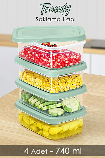Meleni Home 740ml Green Food Storage Container - 4 Pcs Rectangular, Microwavable Organizer