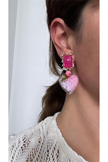 Pelin Aksesuar Heart Design Pink Candy Earrings