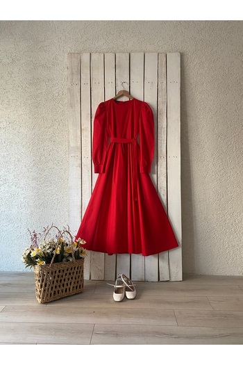 KÜÇÜĞÜM BUTİK Long Red Poplin Flared Dress