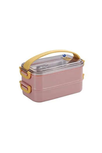 Vagonlife Portable Three Compartment Stainless Steel Dining Cup for Students and Office Pink