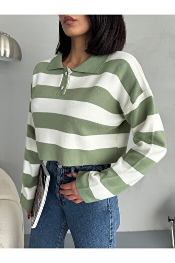 alanora Buttoned Polo Neck Cotton Knitwear Striped Sweater