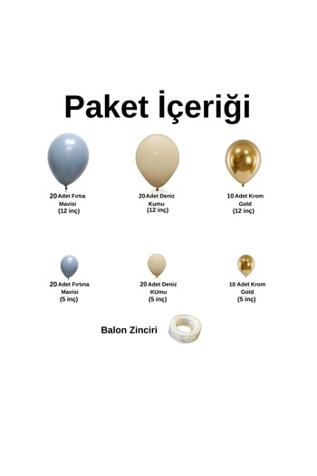 Organizasyon Pazarı Balon Seti Fırtına Mavisi-Deniz Kumu-Krom Gold 100 Lü Balon Zinciri Seti