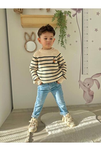 CANDA Striped Sweater-Denim Boy's Bottom-Top Suit