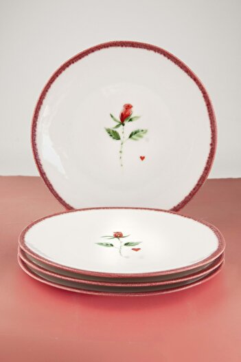 Bursa Porselen Dekor 4 Pieces Porcelain Cake Plate with Red Roses Red Edge