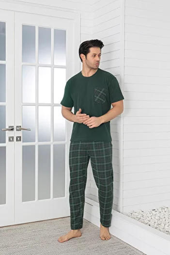 Sude HOMEWEAR Ανδρικό σετ πιτζάμες με κοντό μανίκι με καρό τσέπη