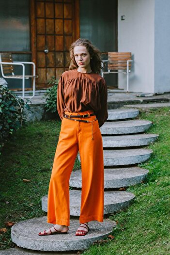 ALLDAY Orange-100% Cotton High Waist Wide Leg Trousers