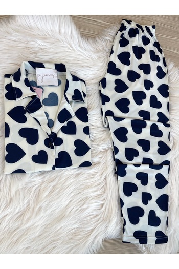 Pijamacs Navy Blue Heart Print Short Sleeve Shirt Collar Knitted Pajamas Set