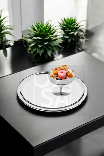 ÖzSa Home 4 Pieces Presentation Set Steel 21cm Round Tea Coffee Serving Presentation Tray and Turkish Delight Bowl Ice Cream