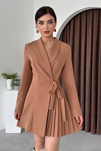 bayansepeti Φόρεμα Mini Jacket από ύφασμα Mink Atlas με πλισέ και λεπτομέρεια ζώνης 281