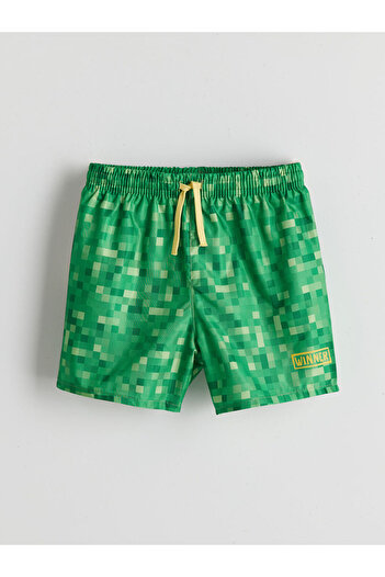 LC Waikiki Green Printed Boys' Swimming Shorts with Elastic Waist