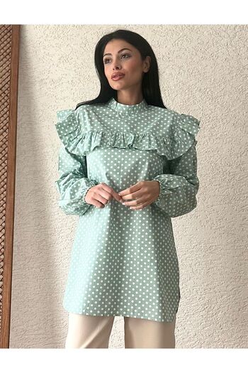 KÜÇÜĞÜM BUTİK Green Polka Dot Poplin Tunic - Ruffle through the Shoulder