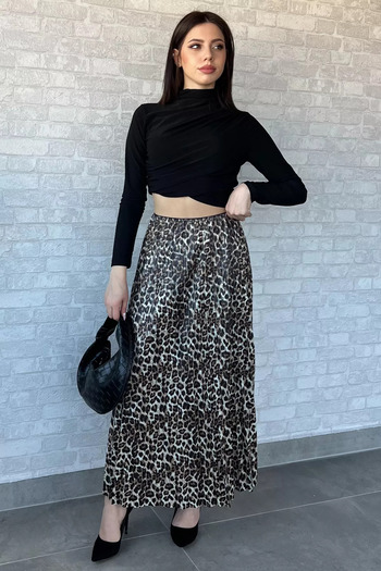 GÜLSELİ Khaki Black Women's Leopard Print Pleated Skirt