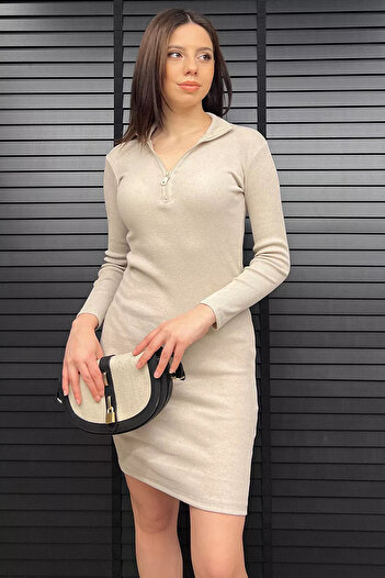 GÜLSELİ Women's Lycra Dress with Stone Half Zipper