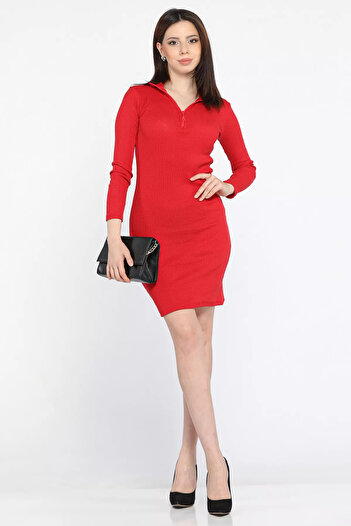GÜLSELİ Red Half Zipper Lycra Women's Dress