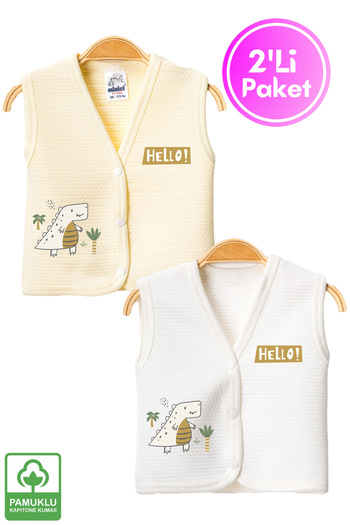 Miniel Unisex Baby Dino Printed Organic Cotton 3-6-9 Months 2-Piece Quilted Baby Vest Set