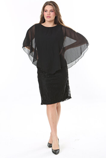 Şans Women's Plus Size Black Chiffon Caped Lined Lace Dress 65N37773