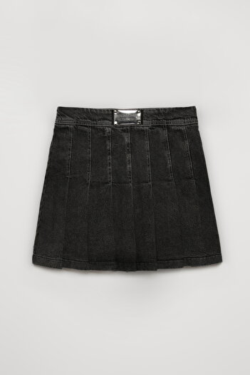Quzu Anthracite Waist Labeled Pleated Denim Skirt