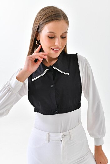 mirach Pearl Shirt Collar - Black Hijab Neck Collar Women's Pearl Black Shirt