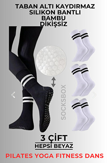 socksbox Beyaz Bambu Kadın Kaydırmaz Taban Silikon Baskı Pilates Yoga Fitness Bale Dans Spor  Tenis Çorabı