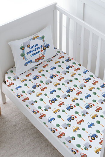 Tuğba Kuğu Baby Size Fitted Sheet Set - for Baby Series - Cars in Blue Circle