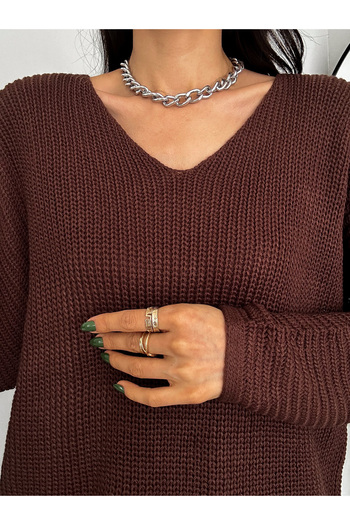 02Lady Fashion Women's Brown V-Neck Thessaloniki Knit Oversize Knitwear Sweater
