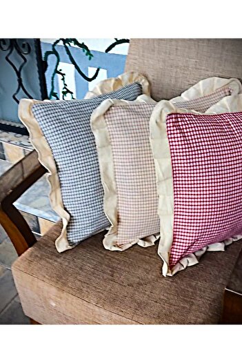 TUNCAY TEKSTİL Plaid Linen Ruffle Throw Pillow Cover